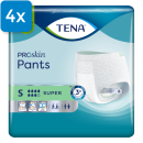 Vorderseite einer Packung Tena Pants Super S. Oben links ist ein blaues Viereck mit der Aufschrift 
